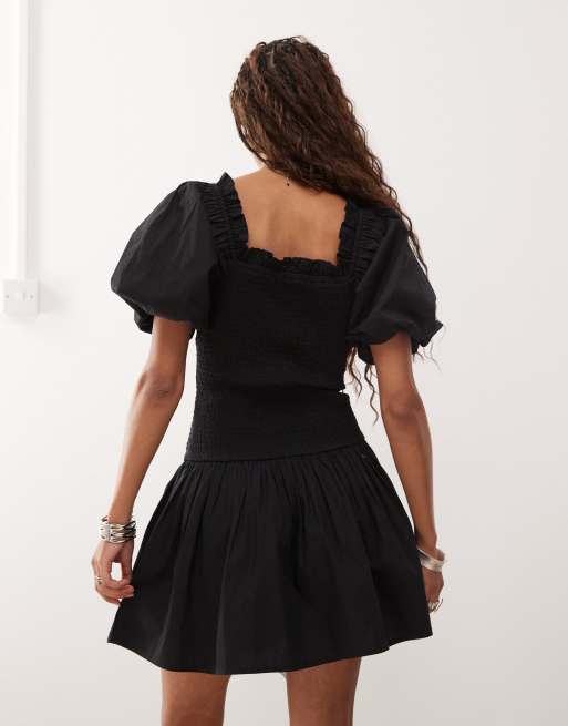 COLLUSION lace up puff sleeve mini dress in black