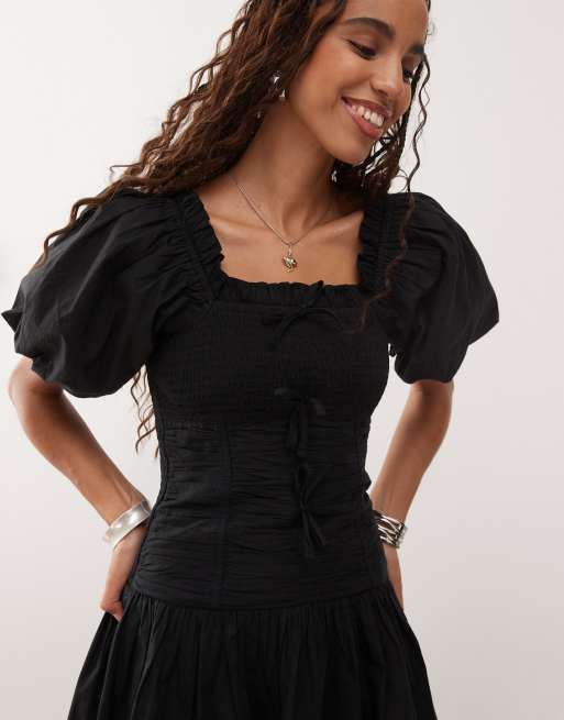 COLLUSION lace up puff sleeve mini dress in black