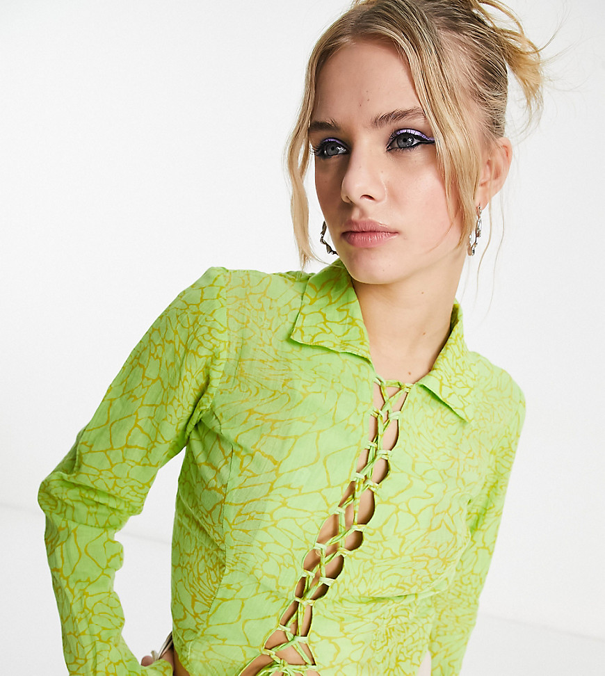 COLLUSION lace up shirt in warped print-Multi