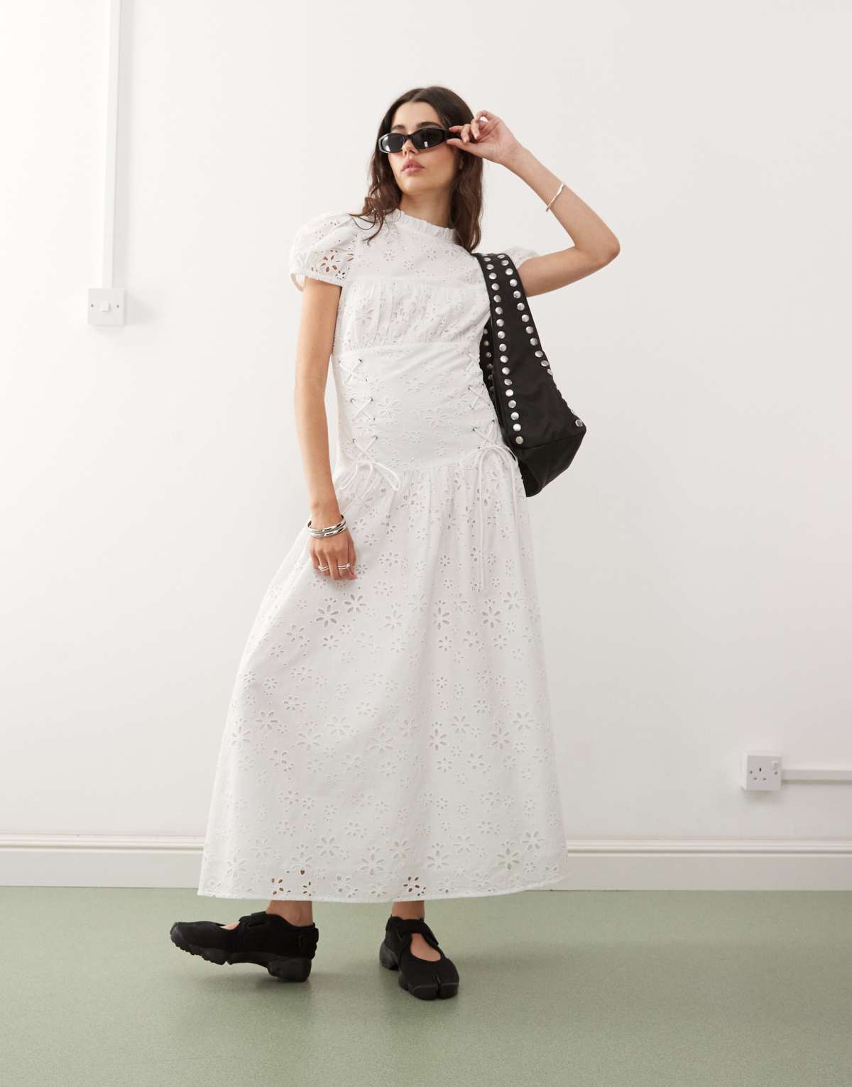 COLLUSION lace up side broderie midaxi dress in white