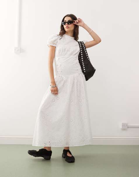 COLLUSION lace up sides eyelet midaxi dress in white - view 1