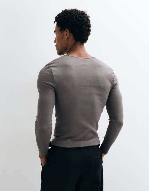 COLLUSION långärmad åtsittande henley-t-shirt i grå tvätt, 5 av 5