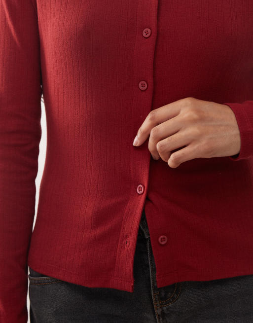 COLLUSION – Langärmlige Pointelle-Strickjacke in dunklem Kirschrot, 2 von 4