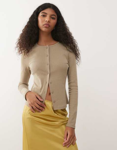 COLLUSION – Langärmlige Pointelle-Strickjacke in Khaki - view 1