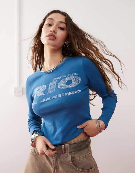 COLLUSION – Langärmliges, figurbetontes T-Shirt in Marineblau mit „Rio“-Print - view 1