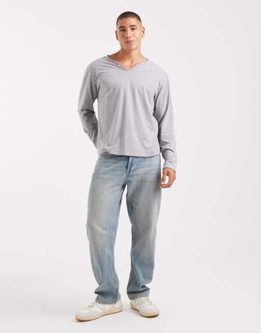 COLLUSION – Langärmliges Henley-Shirt in Grau mit V-Ausschnitt ohne Knöpfe, 2 von 5