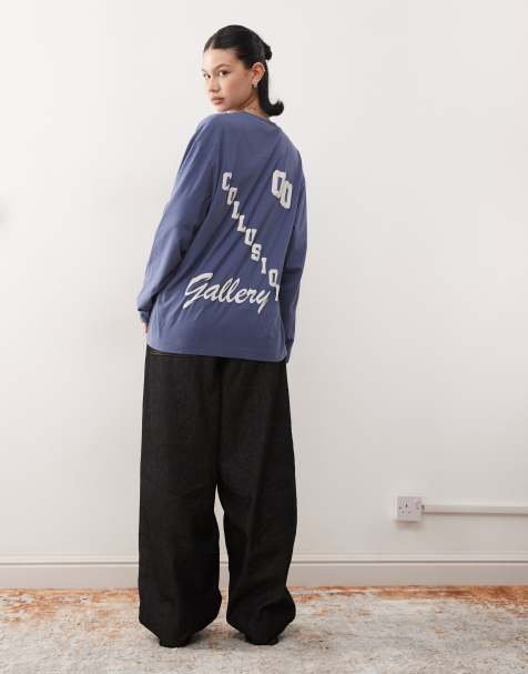 COLLUSION – Langärmliges, locker geschnittenes T-Shirt in Dunkelblau mit Grafik - view 1