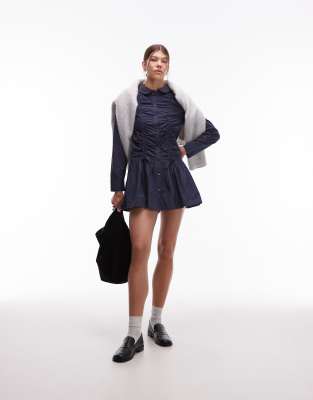 COLLUSION - Langärmliges Mini-Hemdblusenkleid in Marineblau mit Raffung