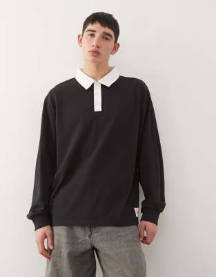 Langärmliges Rugby-Shirt mit Polokragen in Schwarz Schwarz XL
