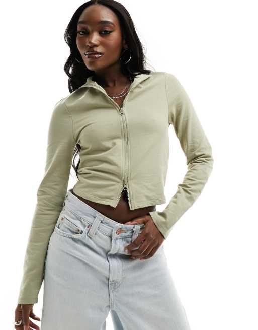 COLLUSION – Langärmliges Sweatshirt in Steinbeige mit Stehkragen und Reißverschluss