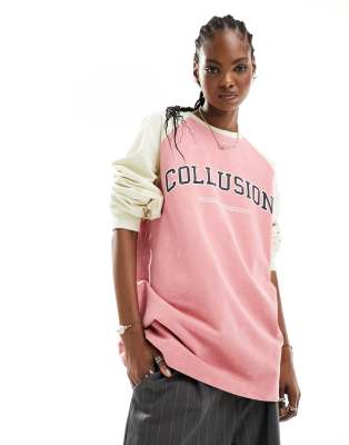 COLLUSION - Langärmliges Sweatshirt mit College-Print und geteiltem Design in mehreren Farben-Bunt