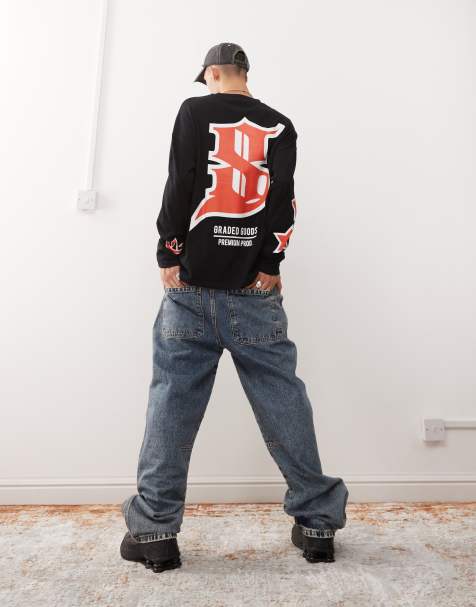 COLLUSION – Langärmliges T-Shirt aus schwerem Material in Schwarz mit rotem Grafikprint - view 1