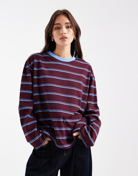 COLLUSION – Langärmliges T-Shirt in Blau gestreift mit kontrastierendem Ausschnitt - view 1