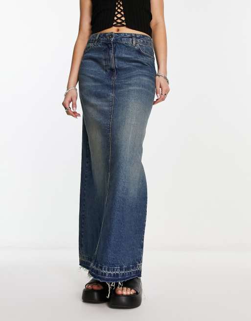 COLLUSION Lange maxi rok van denim in blauw met vuile wassing