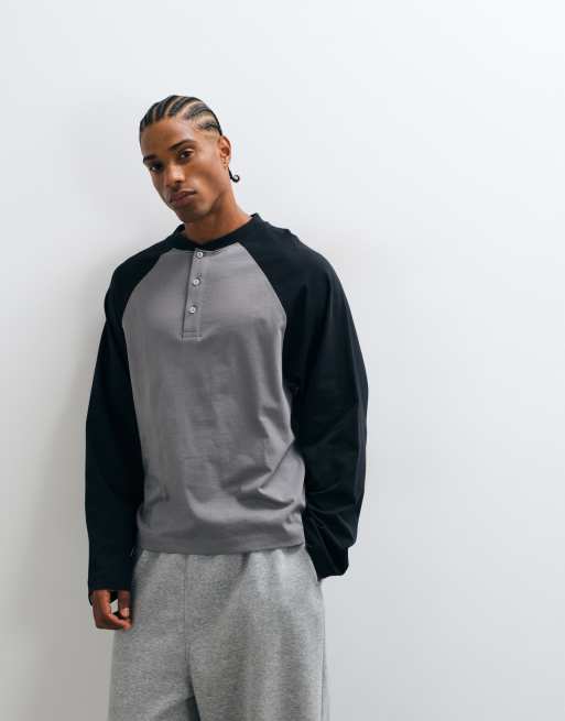 COLLUSION langærmet raglan henley i grå og navy, 5 af 5