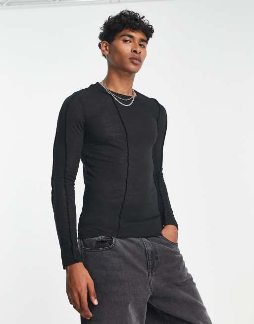COLLUSION - Langærmet sort T-shirt i burnout-stof