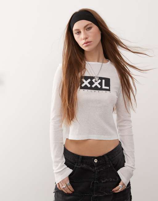 COLLUSION - Langærmet T-shirt i semitransparent stof med grafik på brystet