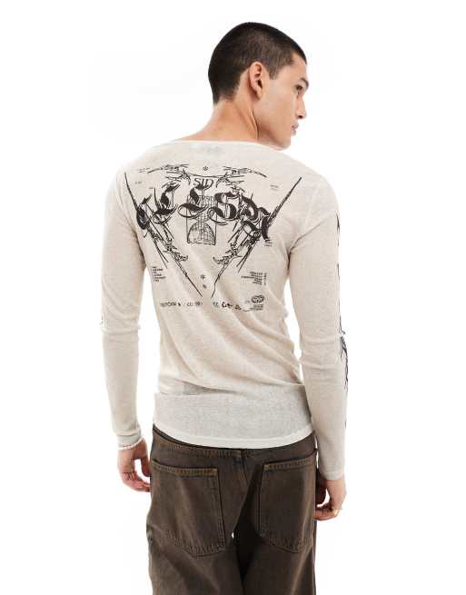 COLLUSION - Langærmet T-shirt med bred halsudskæring og multifarvet tattoo-print, 4 af 4