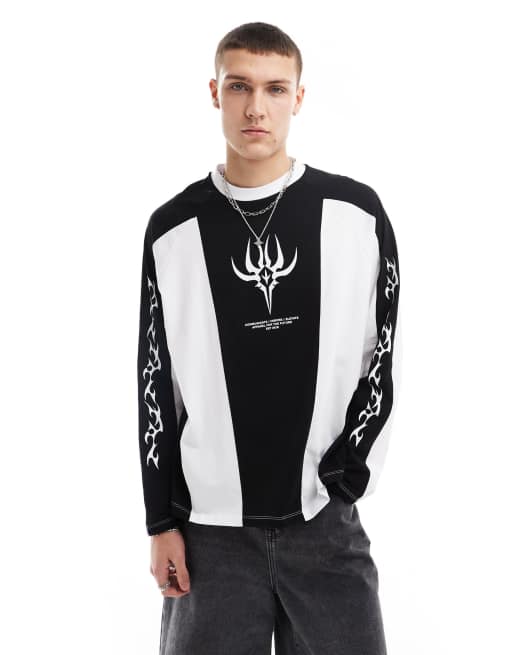 COLLUSION - Langærmet T-shirt med tatoveringsgrafik i sort og hvid