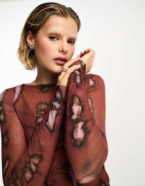 COLLUSION - Langærmet top med multifarvet, abstrakt top i krøllet mesh - view 1