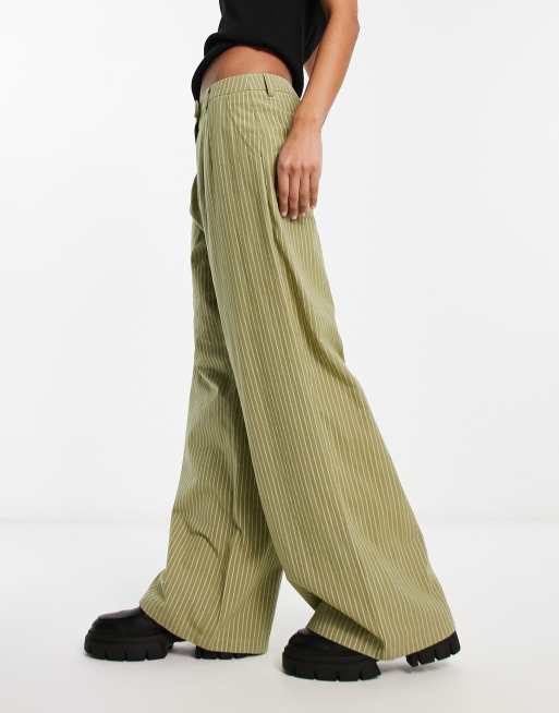 COLLUSION laundered stripe pull on dad trouser in sage