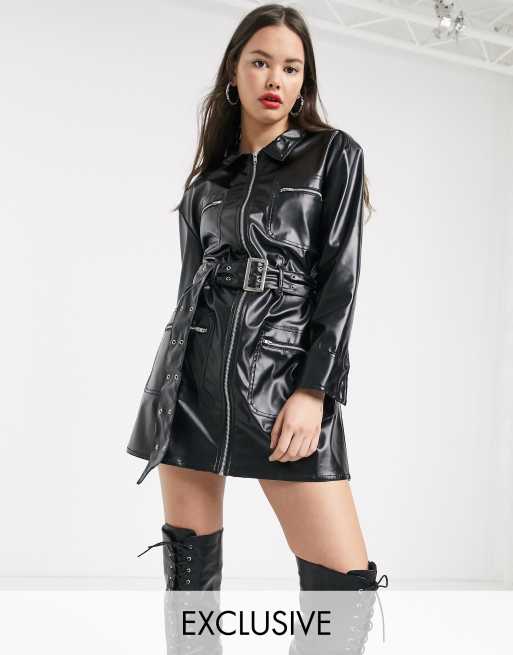 COLLUSION leather look belted shirt dress in black ASOS