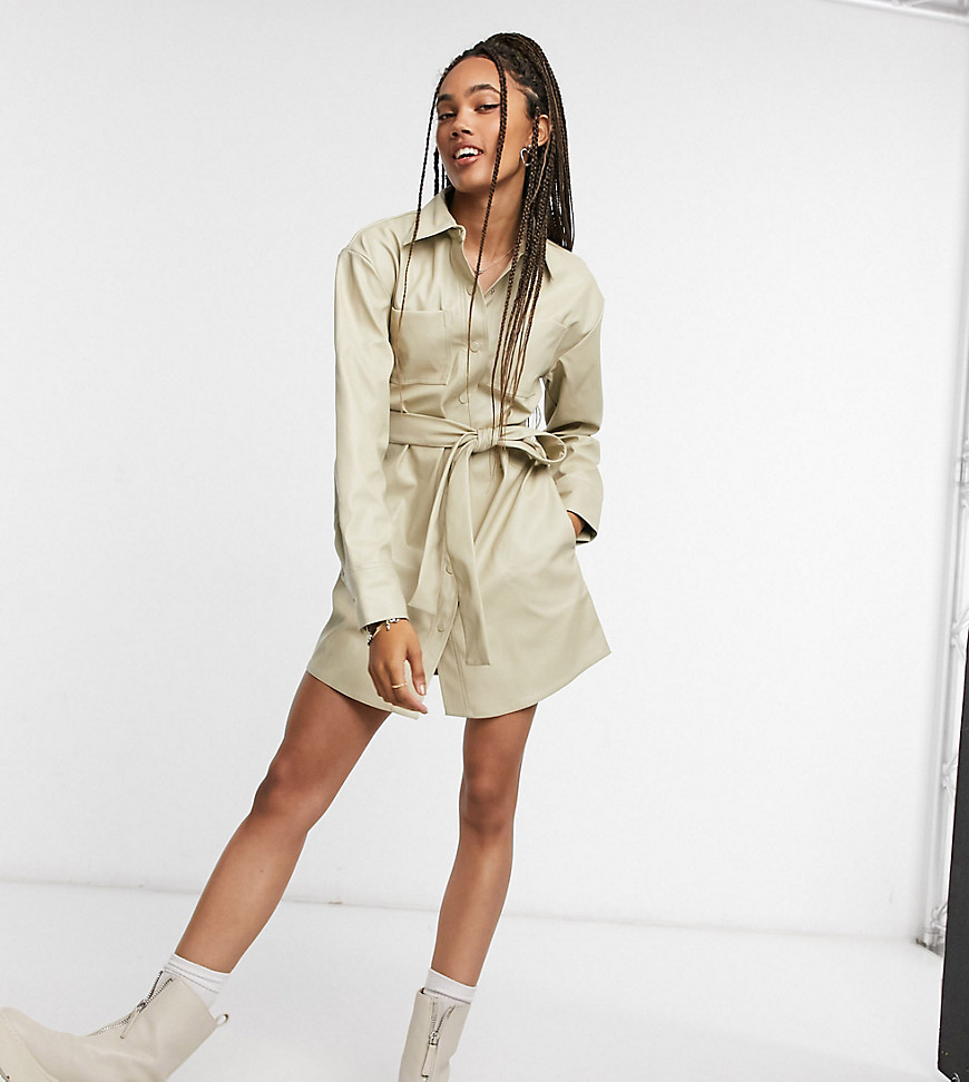 COLLUSION leather-look belted shirt dress in cream-White