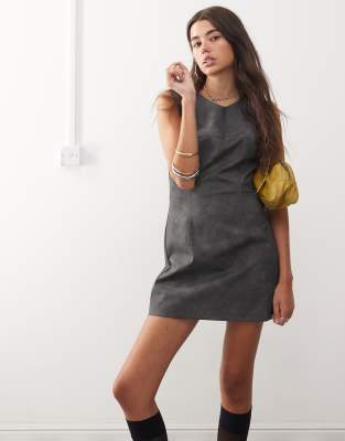 Collusion COLLUSION leather look mini dress with seam detail in washed black-Grey