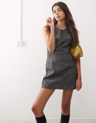 leather look mini dress with seam detail in washed black-Gray