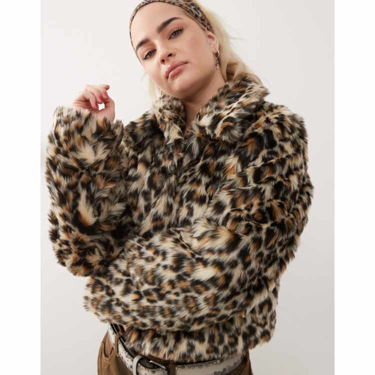 COLLUSION leopard print faux fur trucker jacket in brown | ASOS