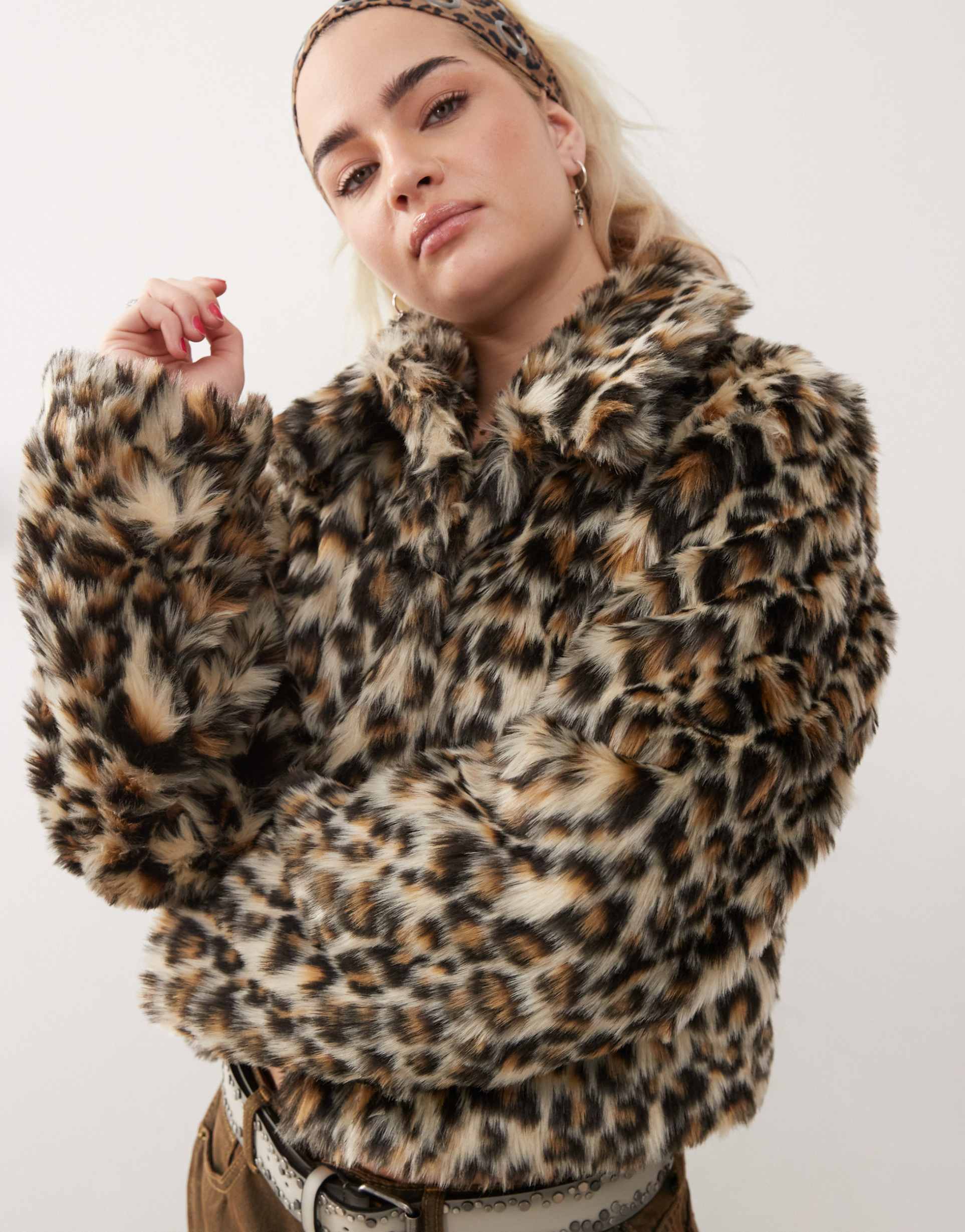 collusion leopard print faux fur trucker jacket in brown