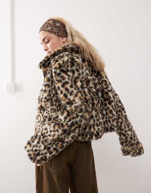 COLLUSION leopard print faux fur trucker jacket in brown
