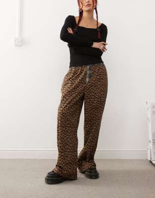 leopard print pull on pants with contrast waist in multi