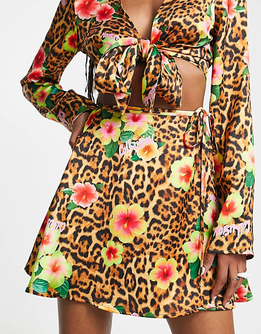 COLLUSION leopard print satin wrap around mini skirt (part of a set)