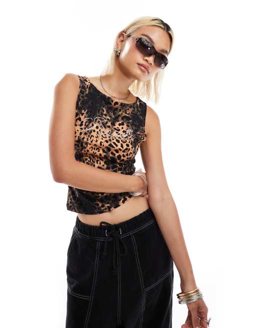 COLLUSION leopard racer tank top with iconic hot fix