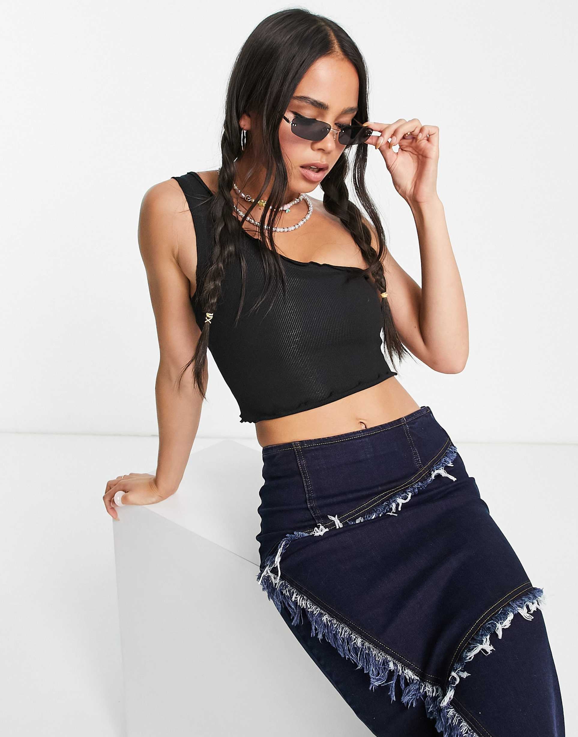 collusion lettuce edge one shoulder top in black