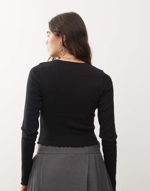 COLLUSION lettuce edge ribbed long sleeve t-shirt in black, 2 of 4