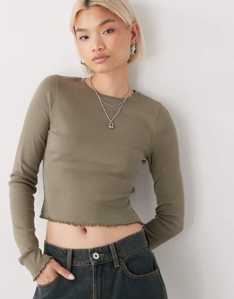 COLLUSION lettuce edge ribbed long sleeve t-shirt in khaki green - view 1