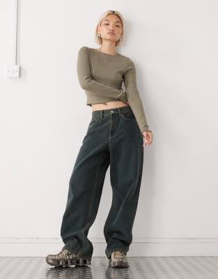 Collusion Lettuce Edge Ribbed Long Sleeve T-shirt In Green