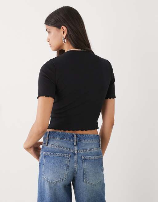COLLUSION lettuce edge ribbed t-shirt in black, 3 of 4