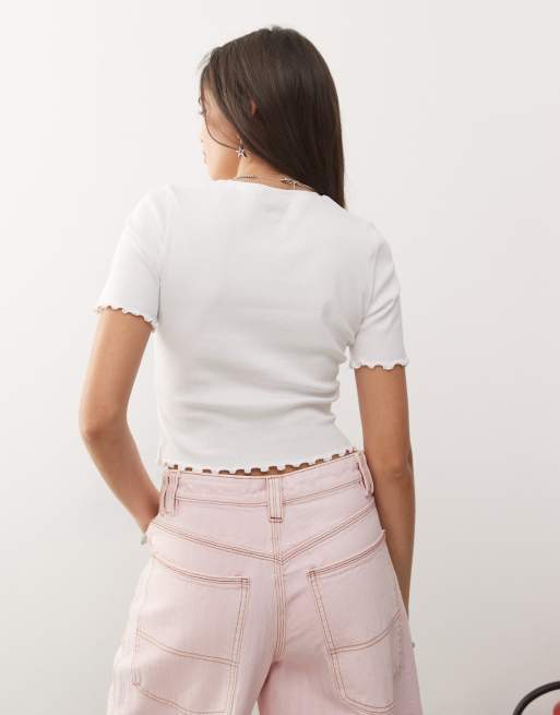 COLLUSION lettuce edge ribbed t-shirt in white