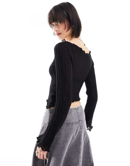 COLLUSION lettuce hem fine knit slash neck top in black