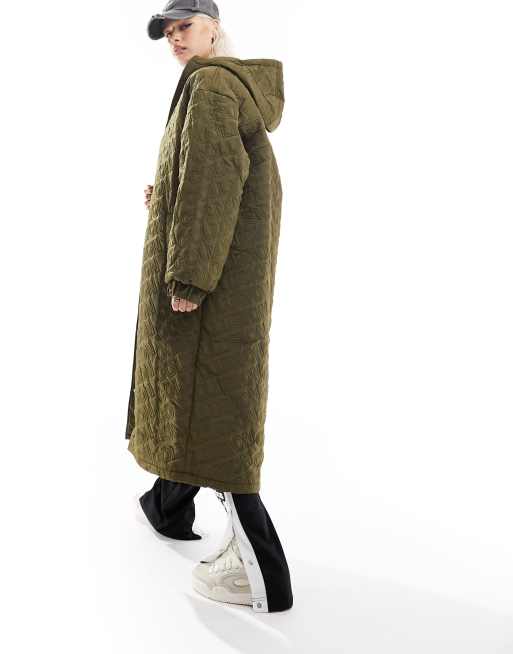 COLLUSION light weight longline hooded padded jacket in khaki