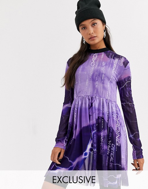 COLLUSION lightning print mesh smock mini dress with long sleeve