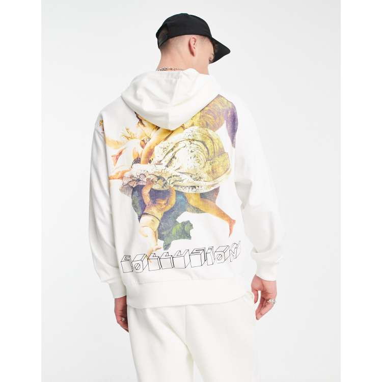 COLLUSION lightweight renaissance back print hoodie in ecru ASOS