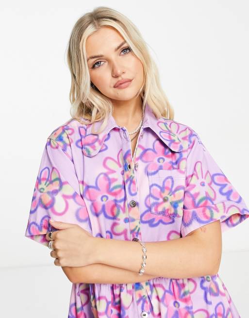 COLLUSION – Lila, blommig sommarklänning med smock och knäppning av twill, 4 av 4