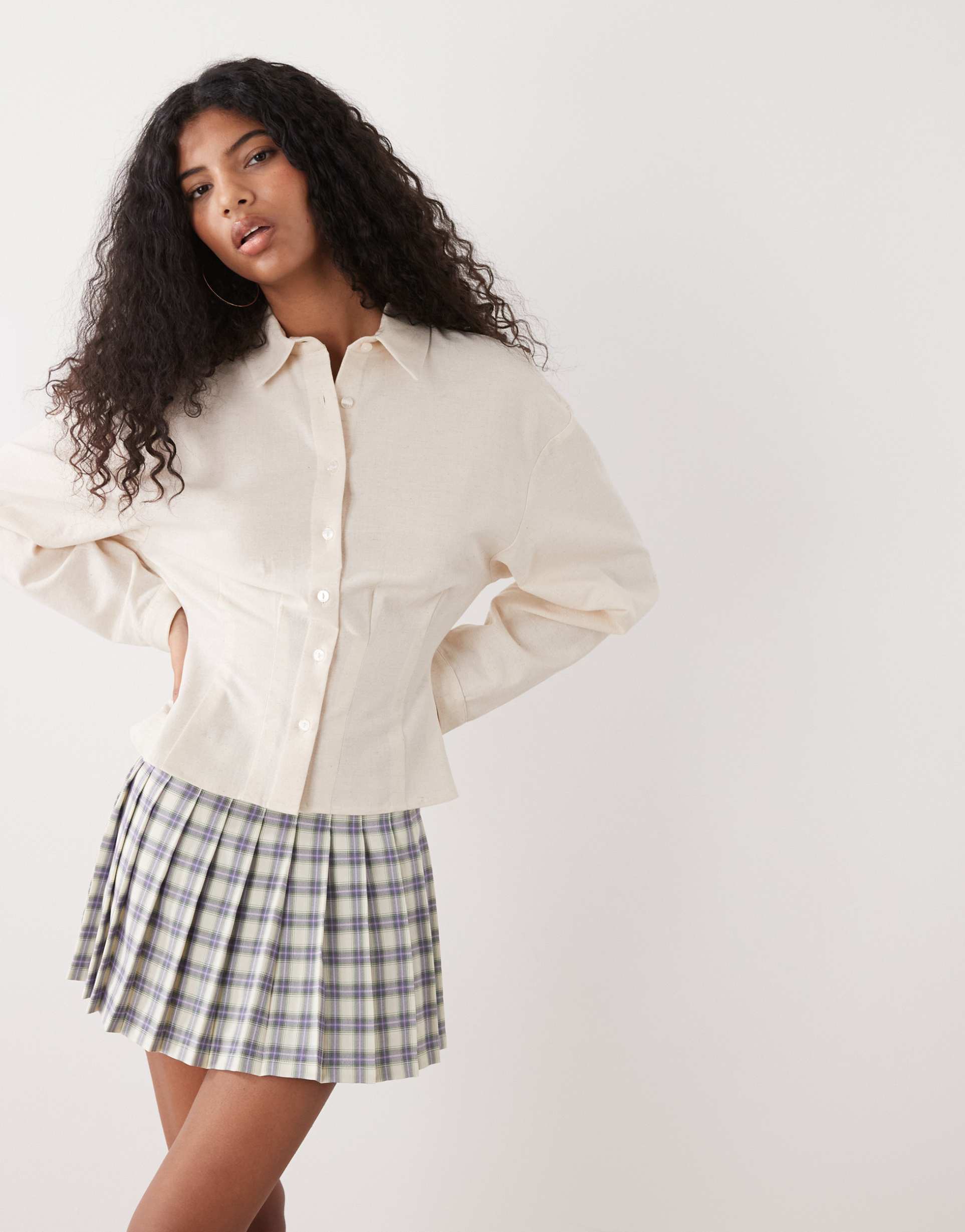 collusion linen blend cinched waist shirt in natural