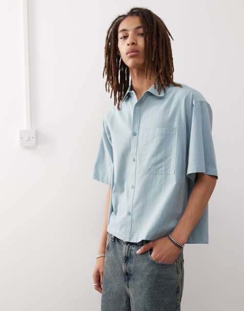 COLLUSION linen blend short sleeve shirt in dusty blue - view 1