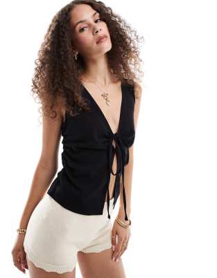 Collusion Linen Look Built Up Tank Top With Tie Detail In Black