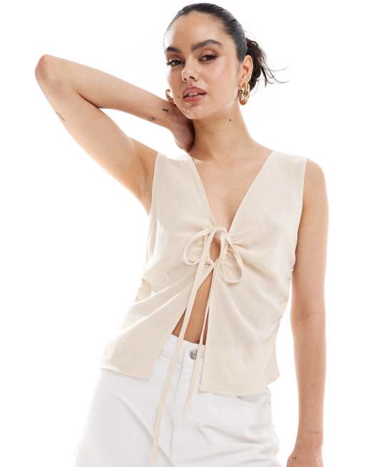 COLLUSION linen look built up tank top with tie detail in cream